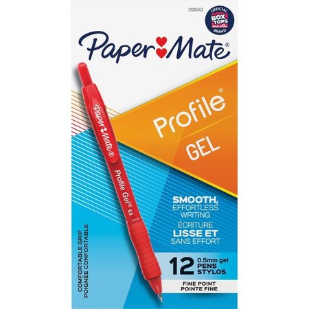 PAPER MATE Pen, Gel, Profile, 0.5 Tip, 3-1/4"x1-1/10"x6-1/4", 12/DZ, RD PK PAP2126543